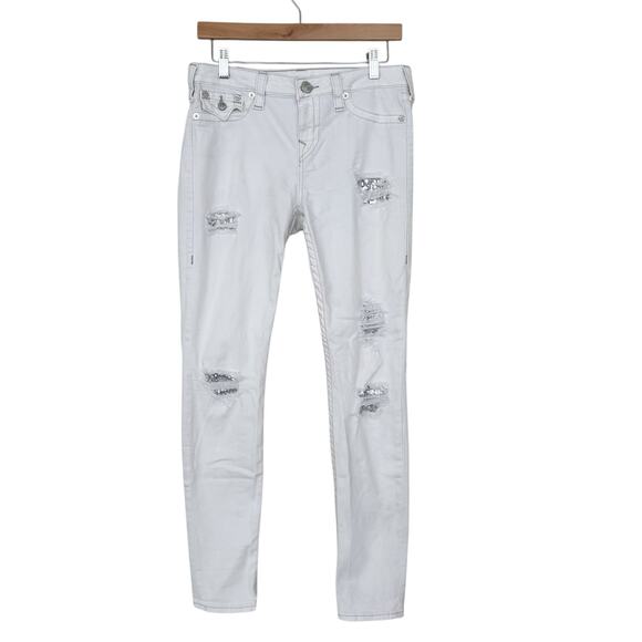 True Religion White Distressed Sequin Skinny Jeans Sz 29 - Picture 1 of 9